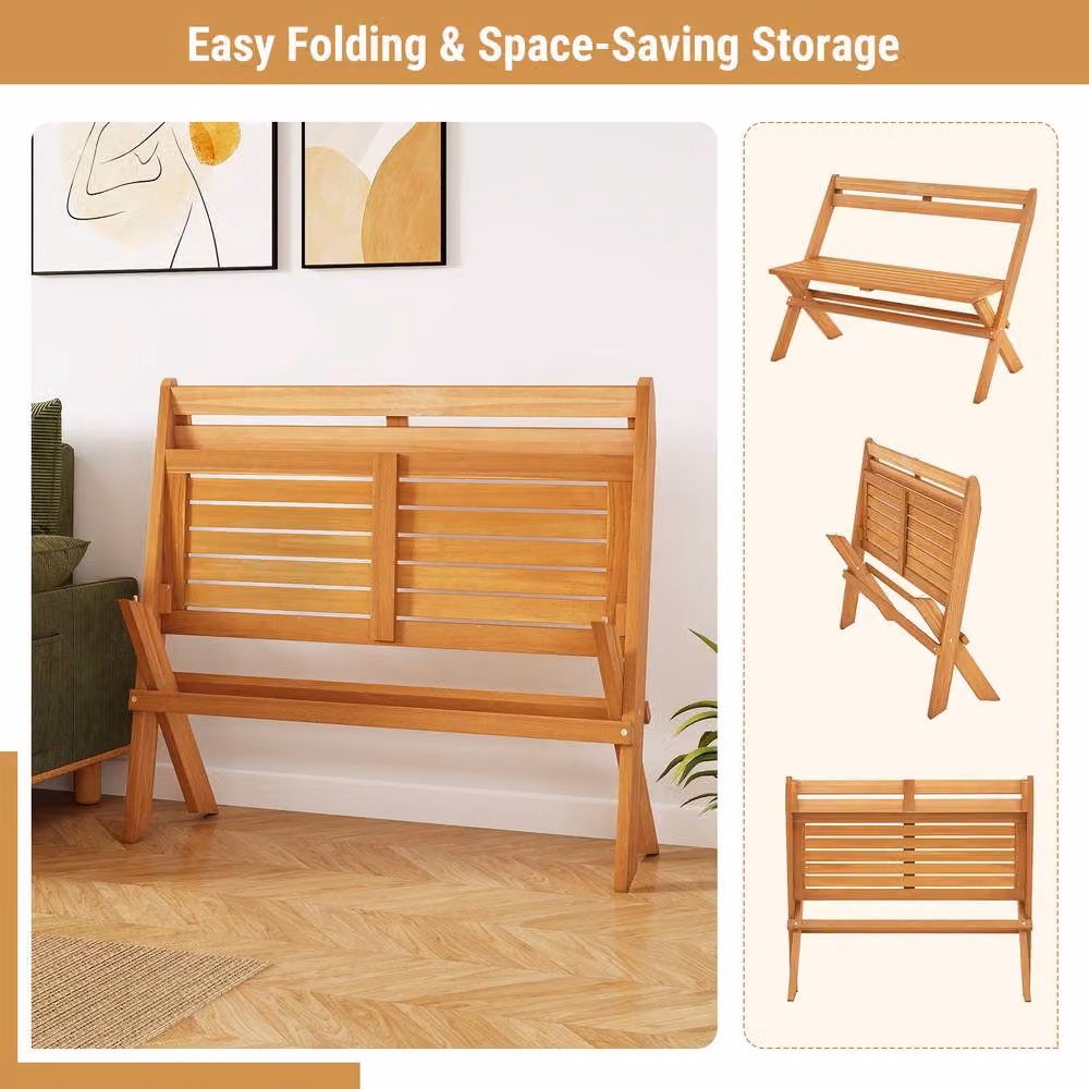 Costway Folding Acacia Wood Outdoor Bench for 2 People with Backrest and Slatted Seat in Natural Brown – 3