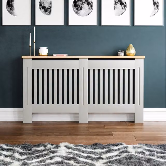Vida Designs Arlington Radiator Cover in Olive Grey with Wood Top Shelf, H83 x W152 x D19 cm
