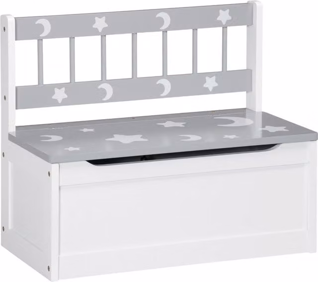 ZONEKIZ 2-in-1 Wooden Toy Box and Kids Storage Bench with Safety Pneumatic Rod in Grey with Star and Moon Pattern