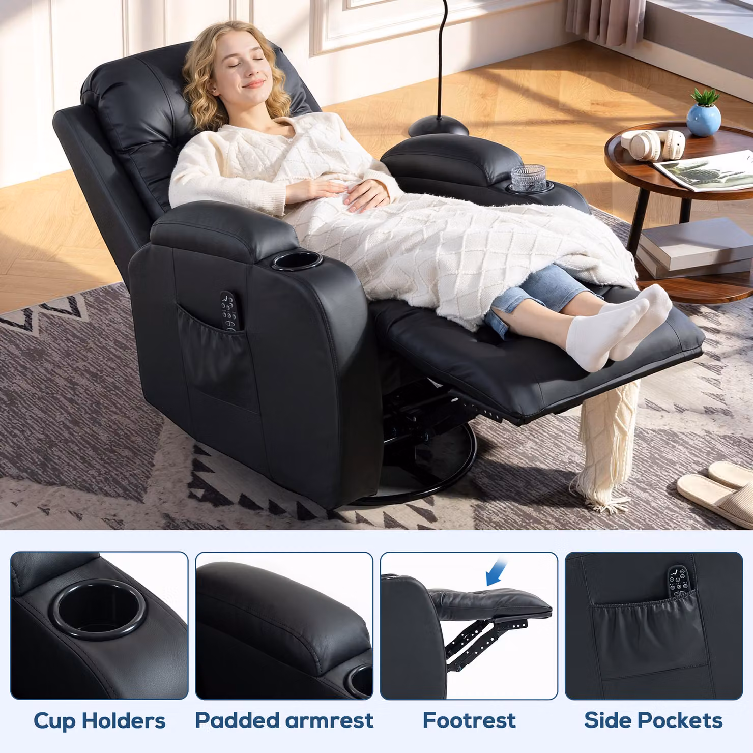 HOMCOM Black PU Leather Recliner Armchair with Extended Footrest, Cup Holders and Side Pockets – 6