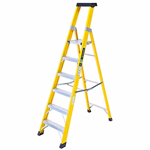 TB Davies Yellow GRP Fibreglass 6 Tread Platform Step Ladder with Plastic Tool Tray, Platform Height: 1.4 m, 150 kg Work Load