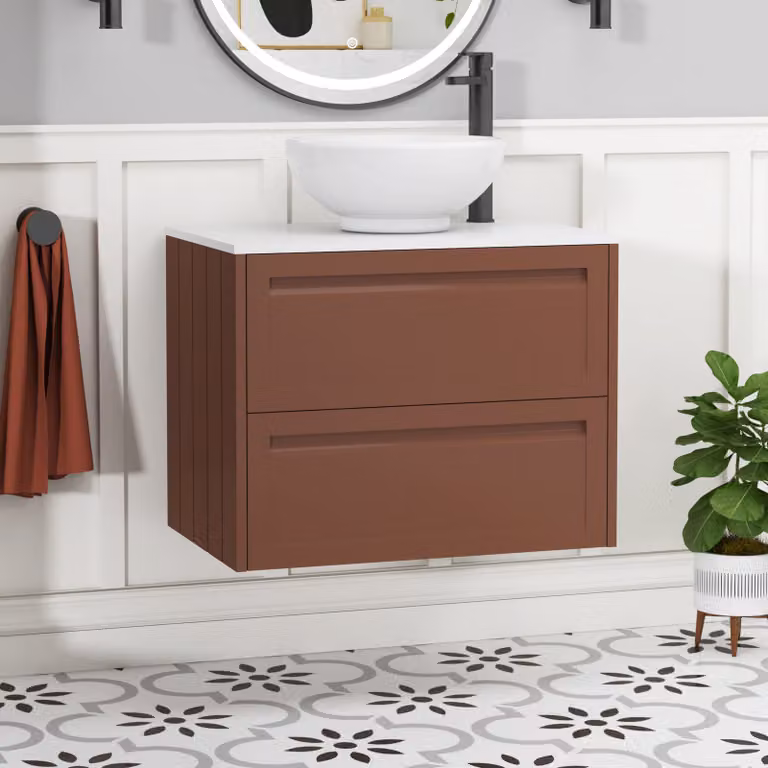 Royal Bathrooms Elmore Wall Hung Vanity Unit in Terracotta with 2 Drawers and White Breeze Basin, Width: 70 cm