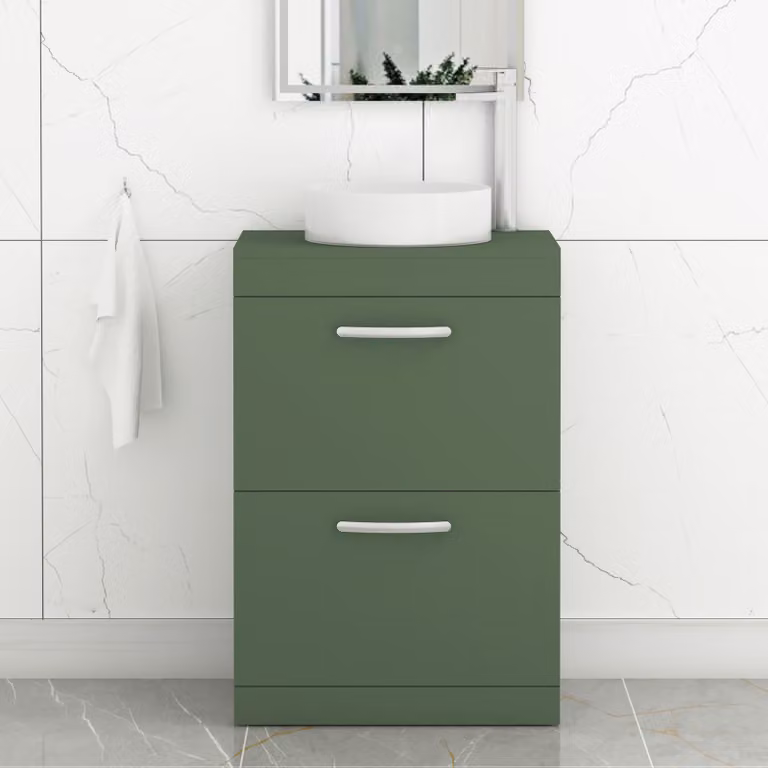 Royal Bathrooms Turin 600mm Floor Standing 2 Drawer Vanity Unit with Countertop Basin in Matt Green