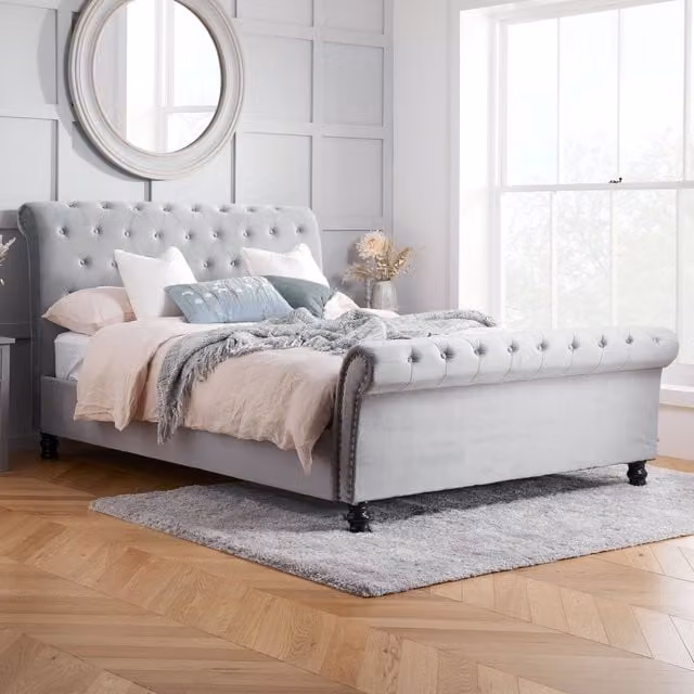 Birlea Opulence Grey Velvet Upholstered Bed Frame, Super King Size 200x200 cm