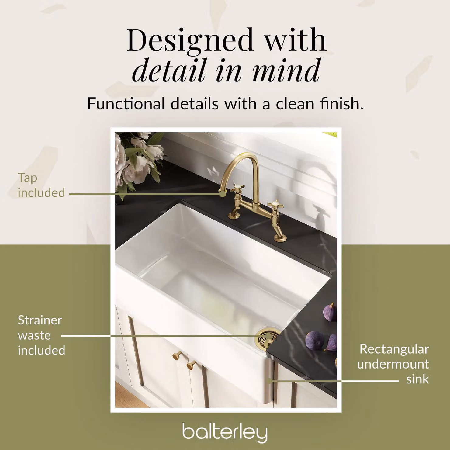 Balterley White Ceramic Single Bowl Belfast Kitchen Sink with Bridge Crosshead Mixer Tap and Waste in Brushed Brass, W: 79.5 cm, D: 45.5 cm, H: 24.5 cm – 4