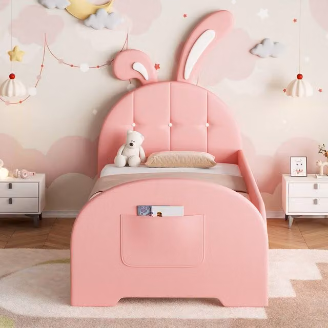Merax Pink PU Leather Bunny Upholstered Single Bed Frame for Children W/D/H: 90 x 190 x 220 cm
