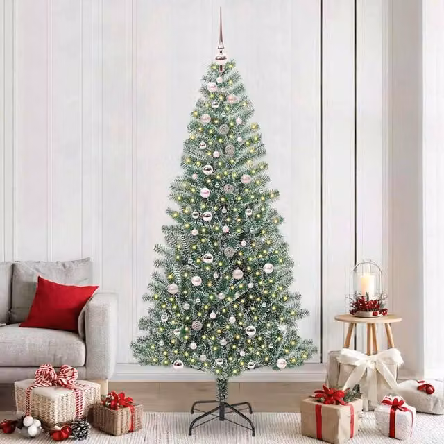 Berkfield Home Snow Flocked Artificial Christmas Tree with LED Lights, Green, Height: 240 cm