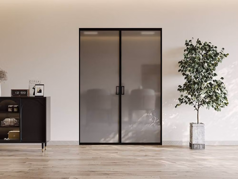 Vente-unique Modern Double Sliding Pocket Door System in Black with Smoked Glass and Aluminium – 2
