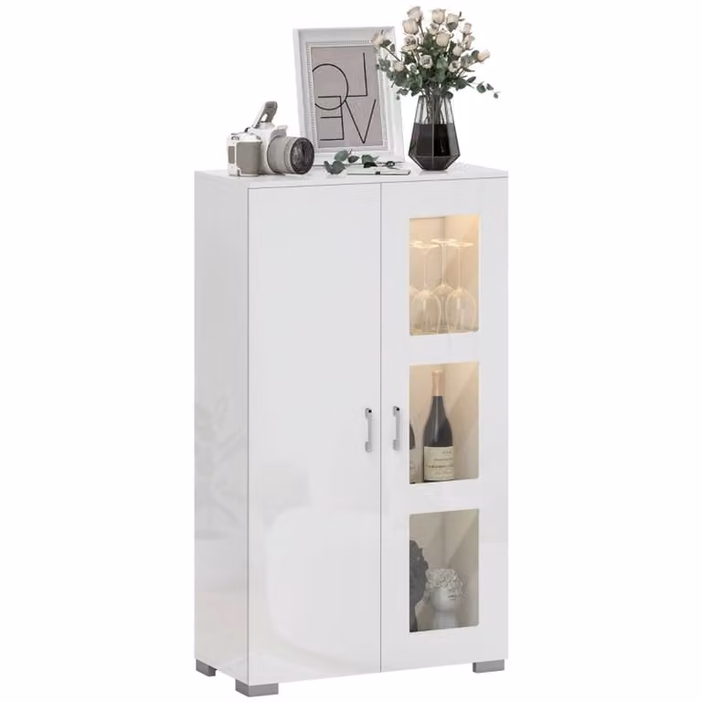 STILVORA Modern White Glossy Display Cabinet with Integrated LED Lighting and Glass Doors
