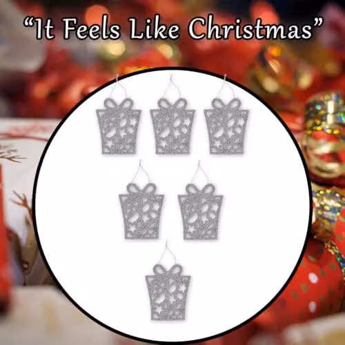 VFM e-Store Silver Glitter Hanging Present Christmas Tree Ornaments, Pack of 6, W/D/H: 17.4 x 8.0 x 1.3 cm – 7