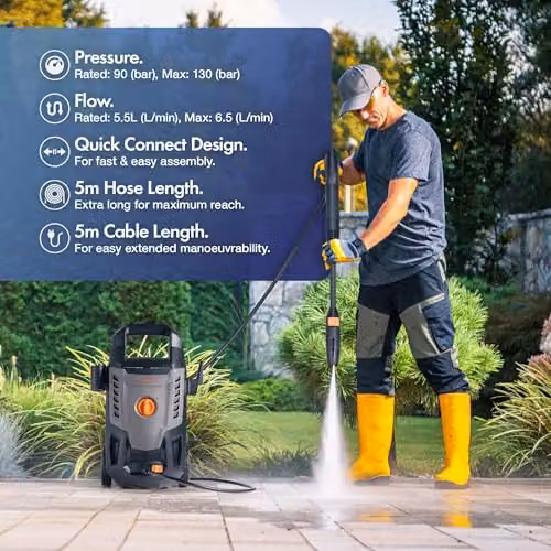 VonHaus 1600W Pressure Washer with 130 Bar Max Water Pressure and 6.5L Max Water Flow Per Min in Black, Grey and Orange – 2