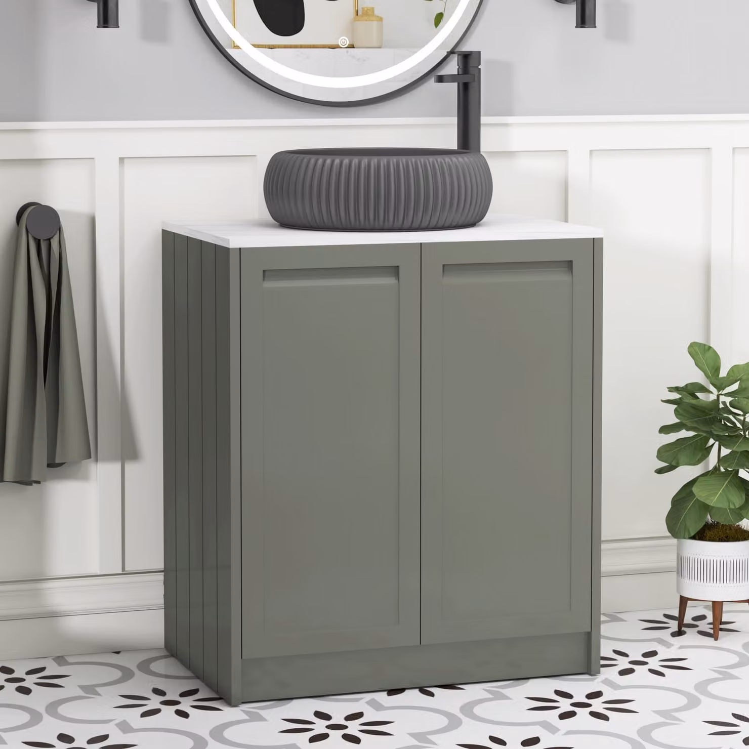 Royal Bathrooms Elmore Floor Standing Countertop Vanity Unit with Milan Black Basin, Matt Green, 70 cm Width