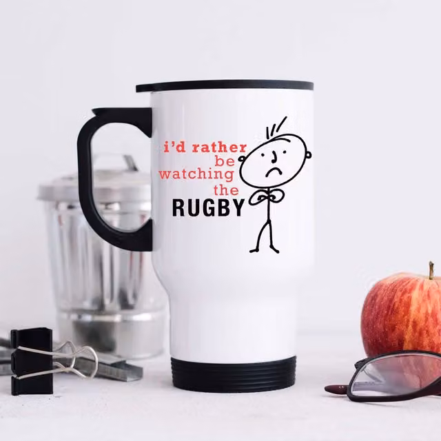 60 Second Makeover I'd Rather Be Watching The Rugby Metal Travel Mug, White