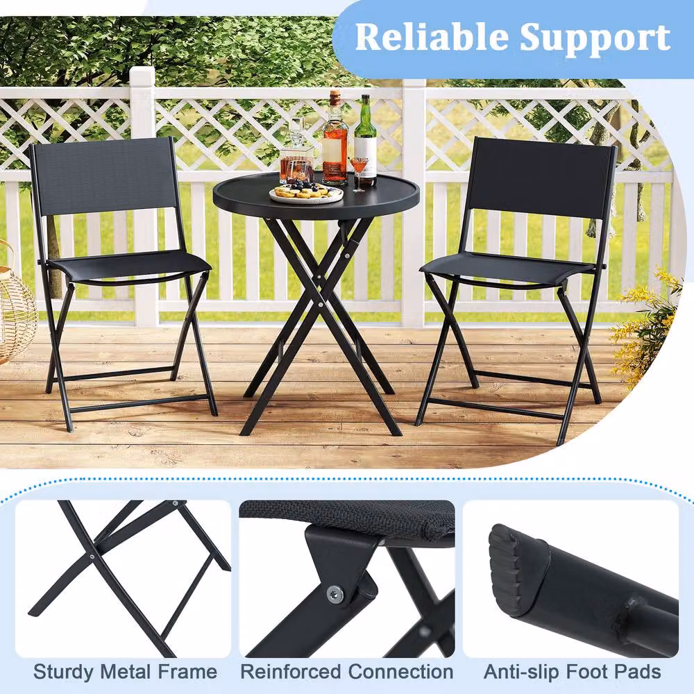 Costway 3 Piece Folding Bistro Set with Metal Frame and Glass Top in Matt Black – 7