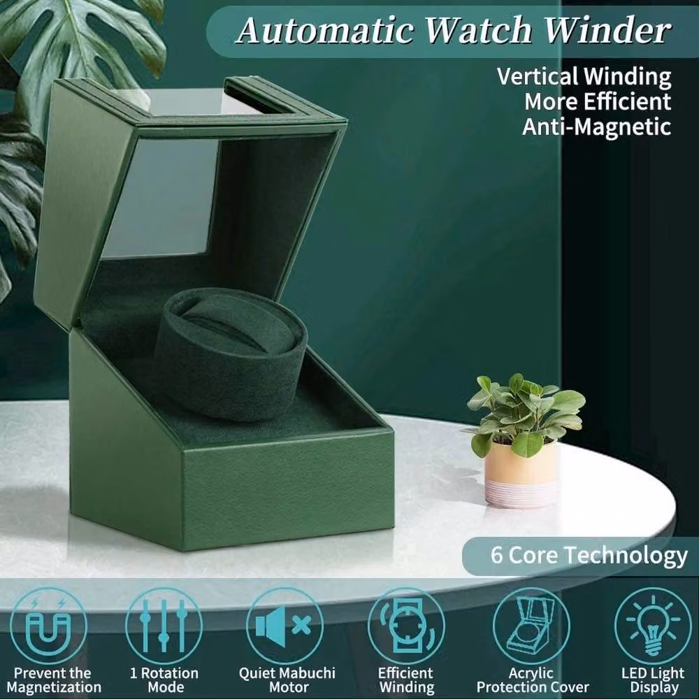 VOGREX Single Watch Winder Display Case and Rotating Storage Box in Green – 5