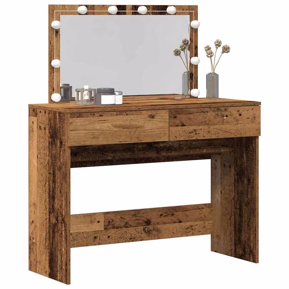 Berkfield Home Rustic Wood Dressing Table with Hollywood LED Mirror in Brown, W/D/H: 100 x 40 x 120 cm – 3
