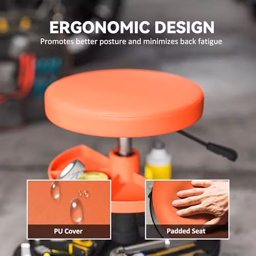 HOMCOM Rolling Mechanic Stool with Synthetic Leather Seat and Castors, Yellow/Orange – 5