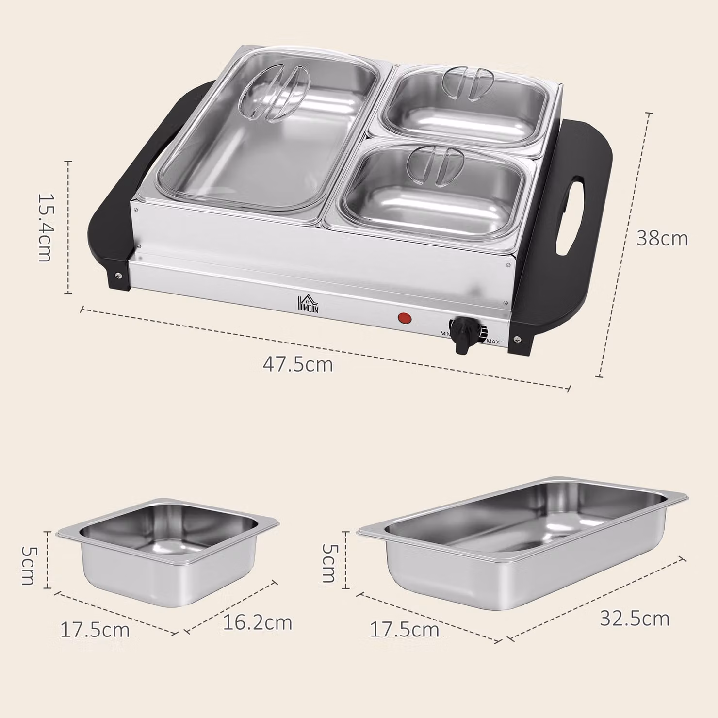 HOMCOM Set of 2 Silver Stainless Steel Electric Buffet Servers with 3 Trays and Lids, 4.5L Capacity – 3