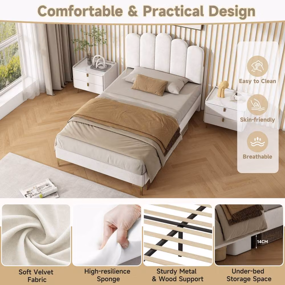 Merax Single Velvet Tufted Upholstered Bed with Adjustable Headboard in Beige – 2