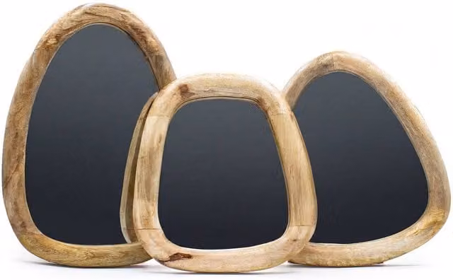 Serenityy Set of 3 Organic Pebble Wall Mirrors in Light Brown Wood Finish