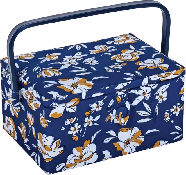 Hobby Gift Medium Sewing Companion Storage Box with Lid and Handles in Green and Blue Autumnal Floral Fabric and Plastic