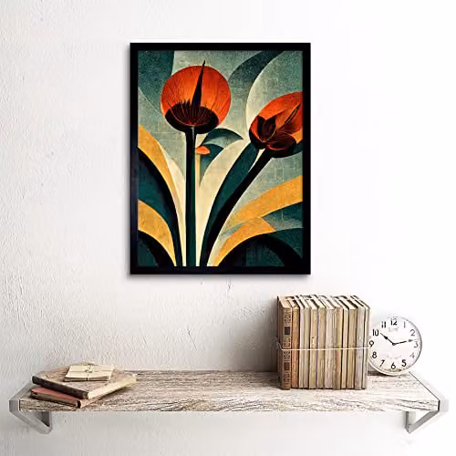 Wee Blue Coo Art Deco Floral Painting Framed Poster Wall Decor in Blue, Green, and Beige, W/H: 30.5 x 40.6 cm – 2