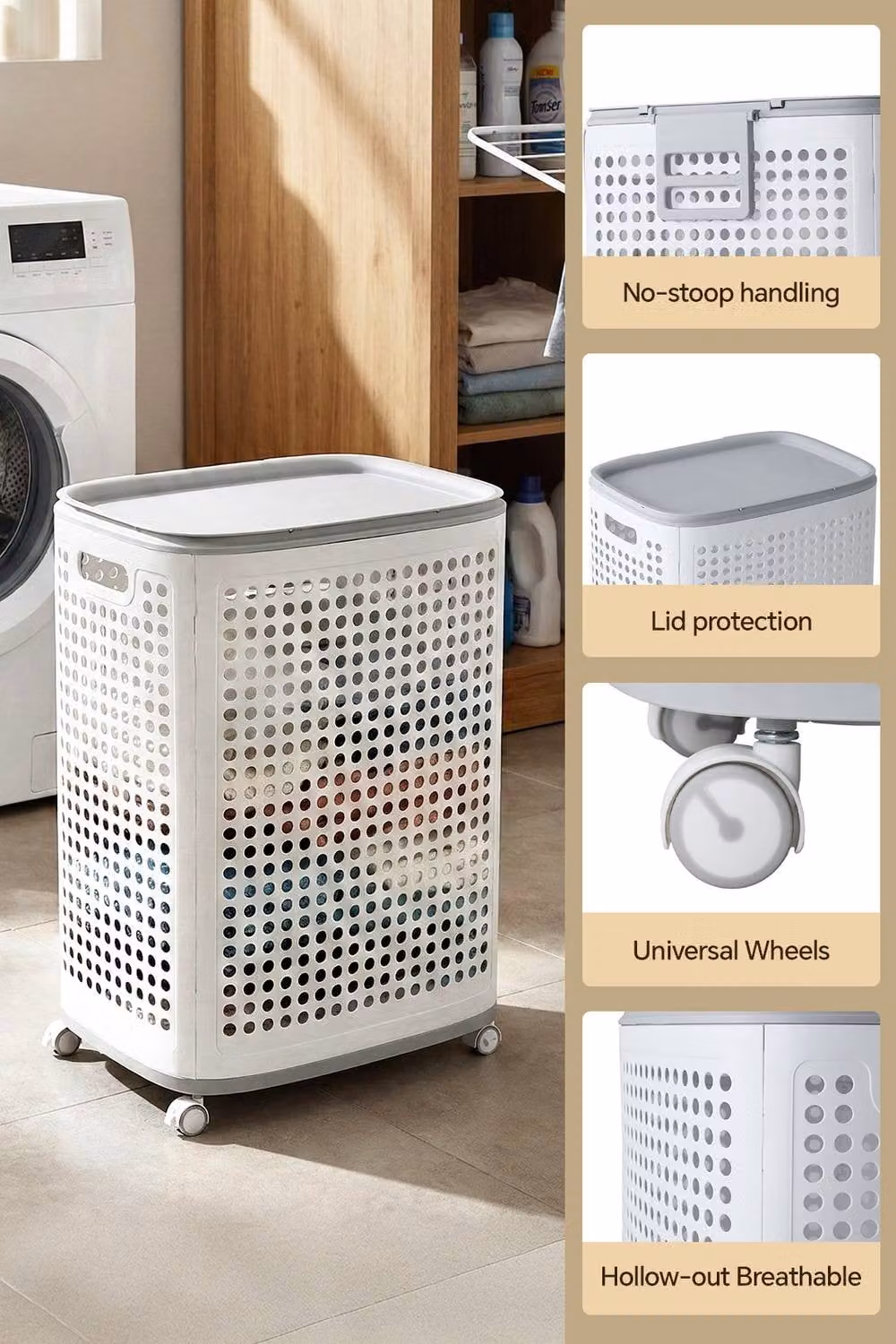 Garden Sanctuary Plastic Laundry Basket with Lid, Handles and Wheels, White, W/D/H: 60.0 x 42.5 x 0 cm – 3