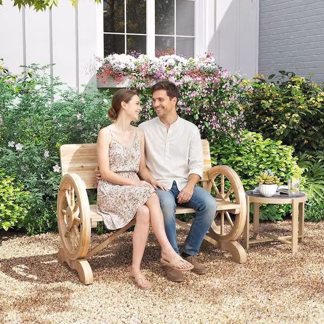 Outsunny Texan Wagon Wheel Rustic Wood Bench in Brown