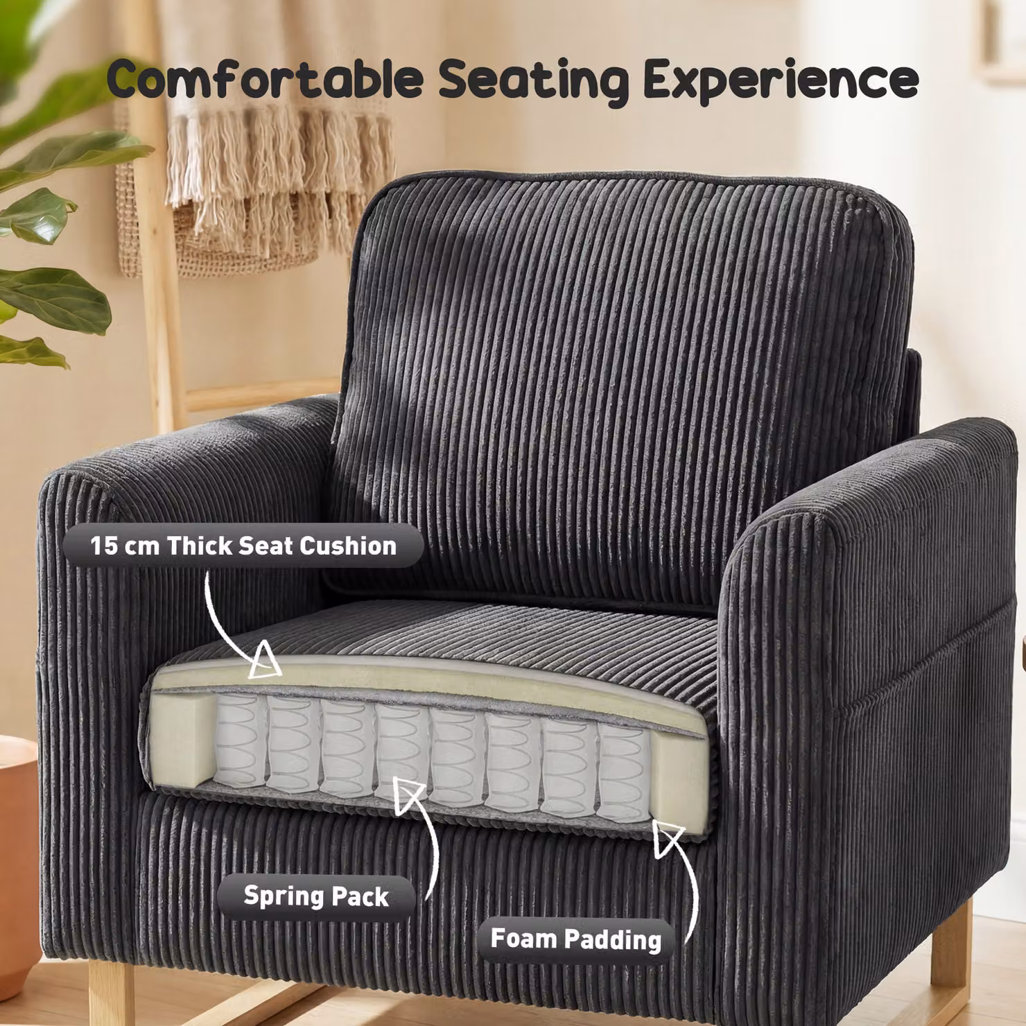 HOMCOM Modern Industrial Accent Chair with Pocket Spring and Metal Legs in Dark Grey – 3