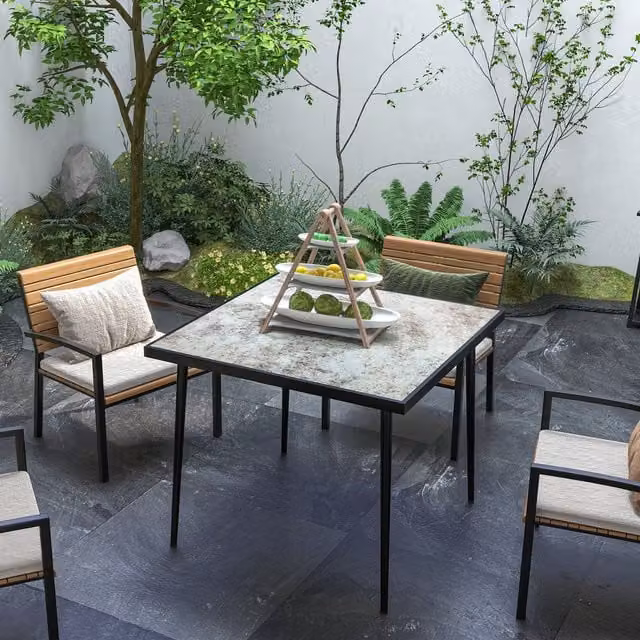 Outsunny Modern Square Outdoor Dining Table for 4 with Grey Marble Effect Top