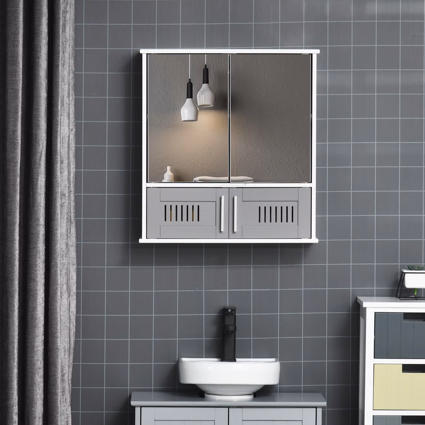 kleankin Wall-Mounted Grey Bathroom Cabinet with Mirrored Hinged Doors and Internal Shelves – 2