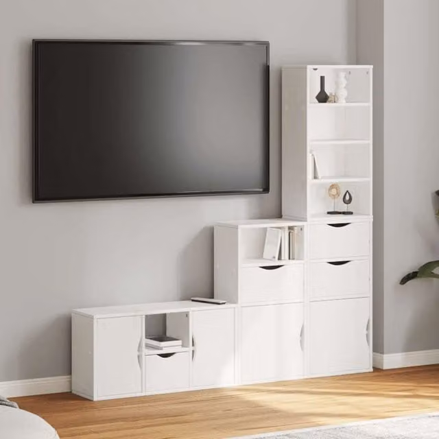 Berkfield Home ODDA 4 Piece White Solid Wood Pine TV Unit with Storage – 1