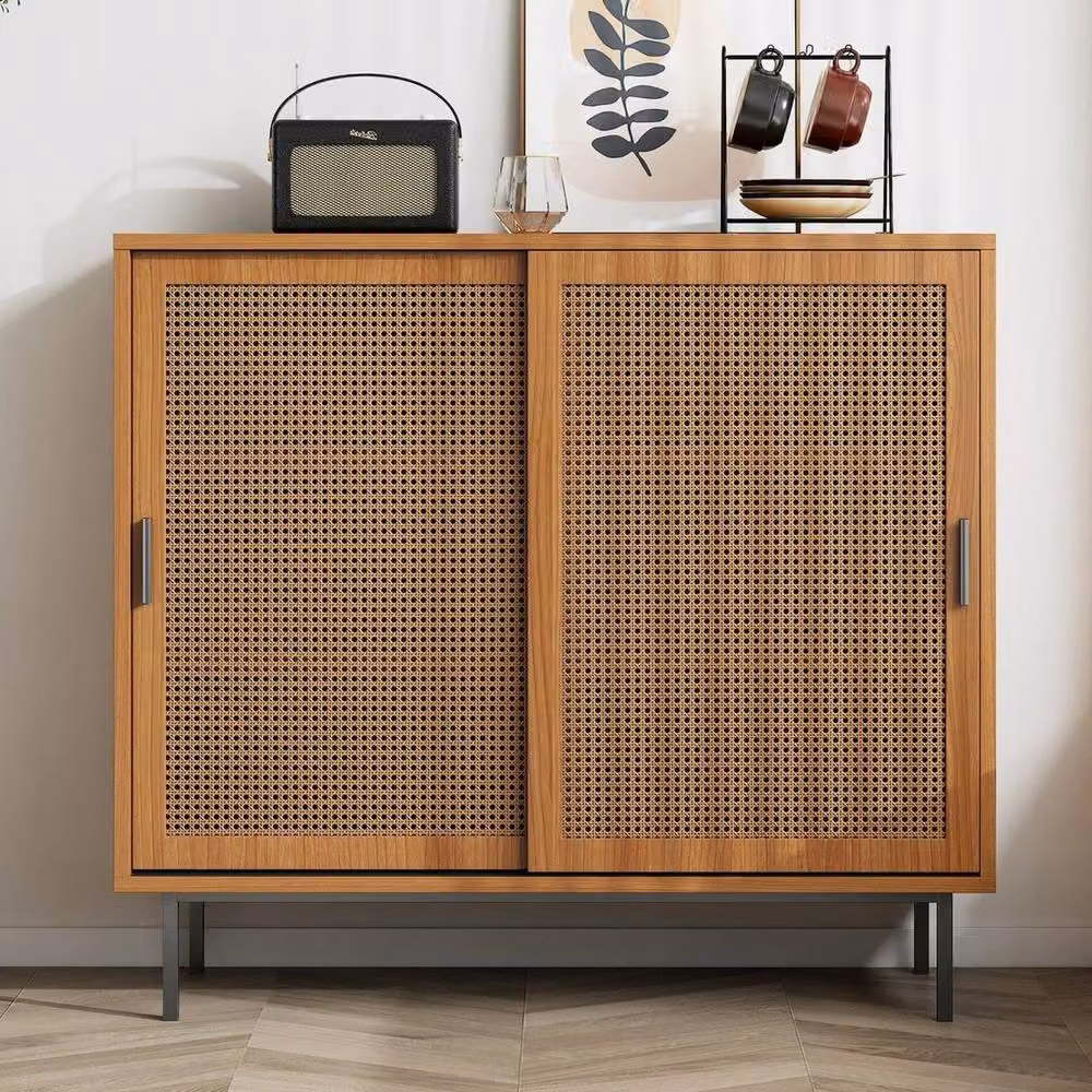 KORVIXA Rattan Sideboard with Sliding Barn Doors in Walnut and Black, W/D/H: 100 x 100 x 100 cm – 3