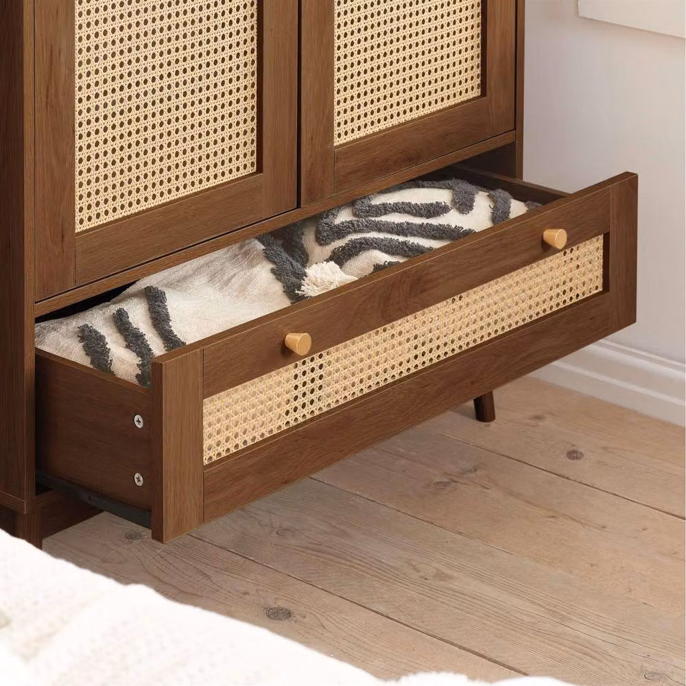 Birlea Croxley Mid Century Modern Rattan and Walnut 2 Door 1 Drawer Wardrobe in Brown, H 180 cm x W 90 cm x D 42 cm – 3