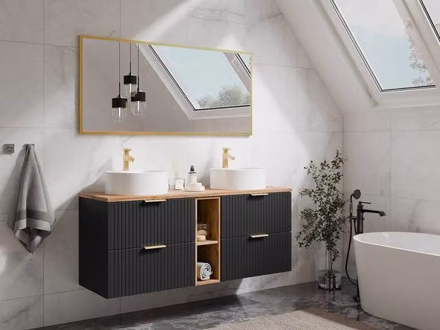 Vente-unique Suspended Striped Bathroom Vanity Unit with Niches and Double Round Sinks in Black