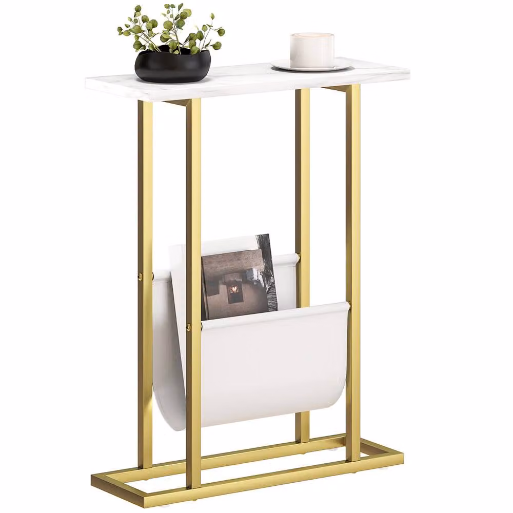 HOMCOM Narrow White and Gold Side Table with Marble Effect Top and Magazine Holder – 2