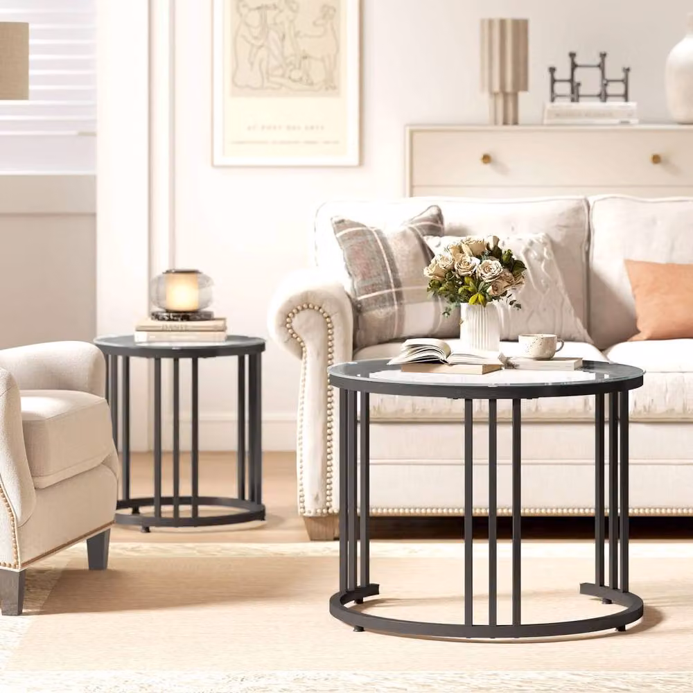 Wyld Haus Kane Set of 2 Round Nesting Tables with Black Metal Steel Frame and Glass Tops – 7
