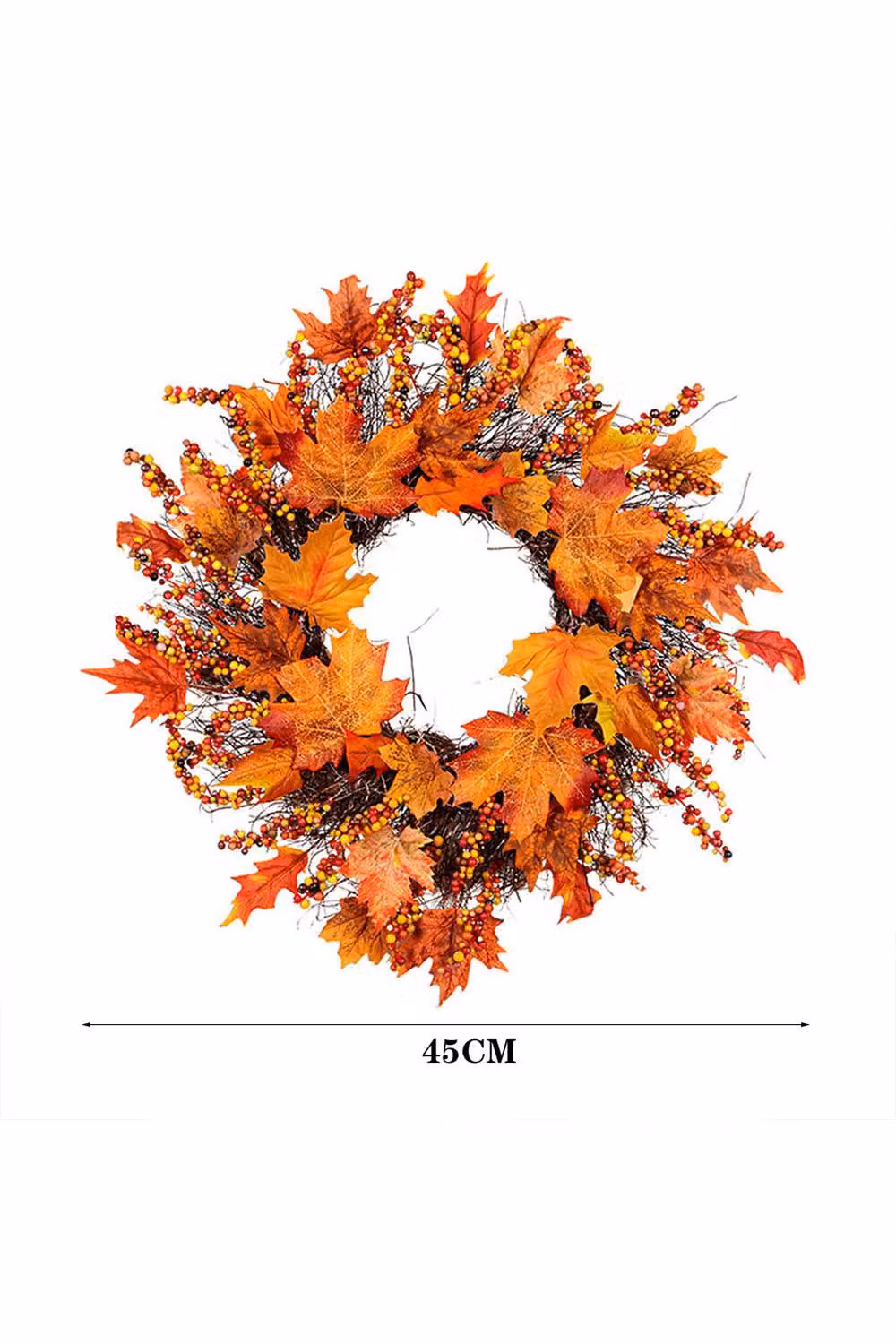 H&O Direct Orange Fall Maple Leaf and Berry Wreath with LED String Lights, Diameter: 45 cm – 4