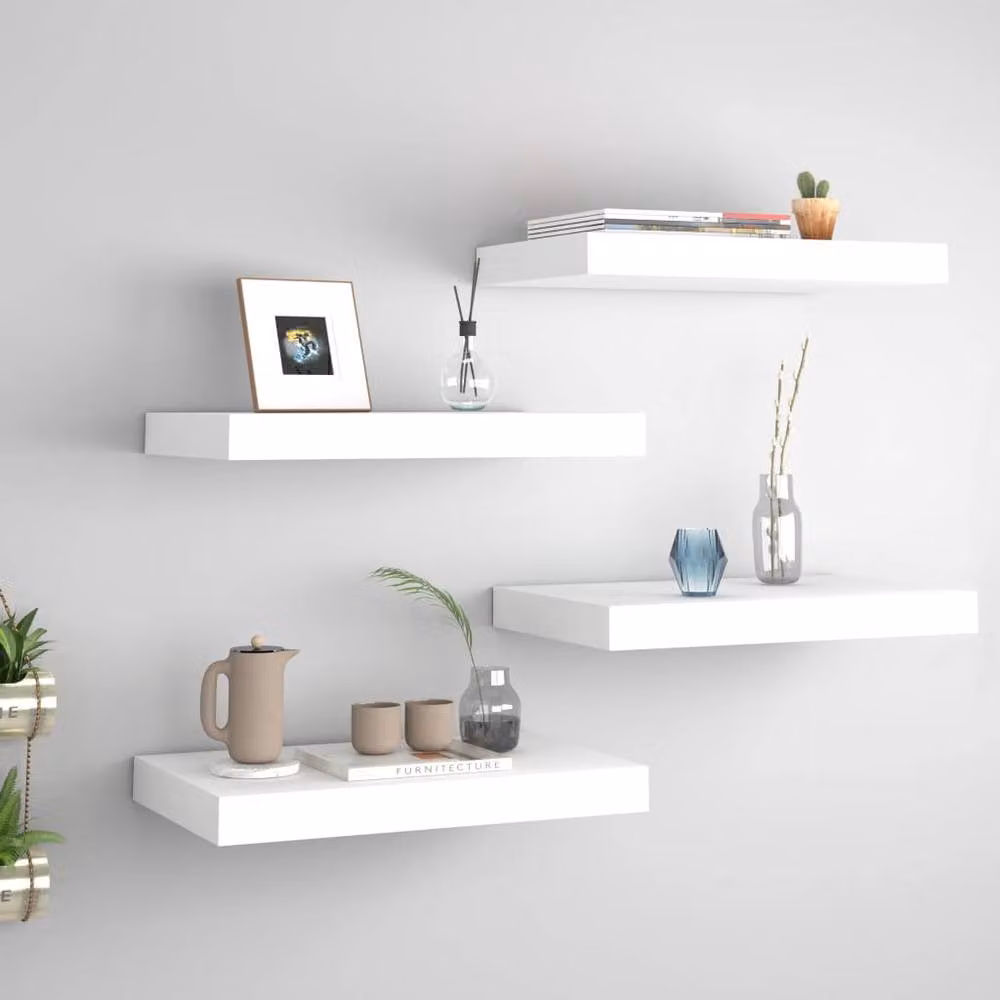 Berkfield Home Set of 4 Durable White MDF Floating Wall Shelves, W/D/H: 40 x 23 x 3.8 cm