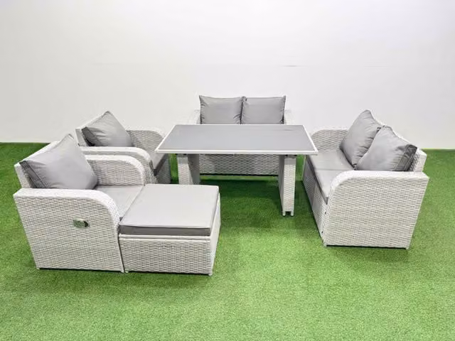 Fimous 6 Piece Modern Rattan Garden Furniture Set with Cushions and Stool in Light Grey