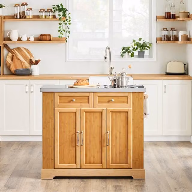 SoBuy Kitchen Island on Wheels with Extendable Stainless Steel Worktop and Natural Bamboo – 1