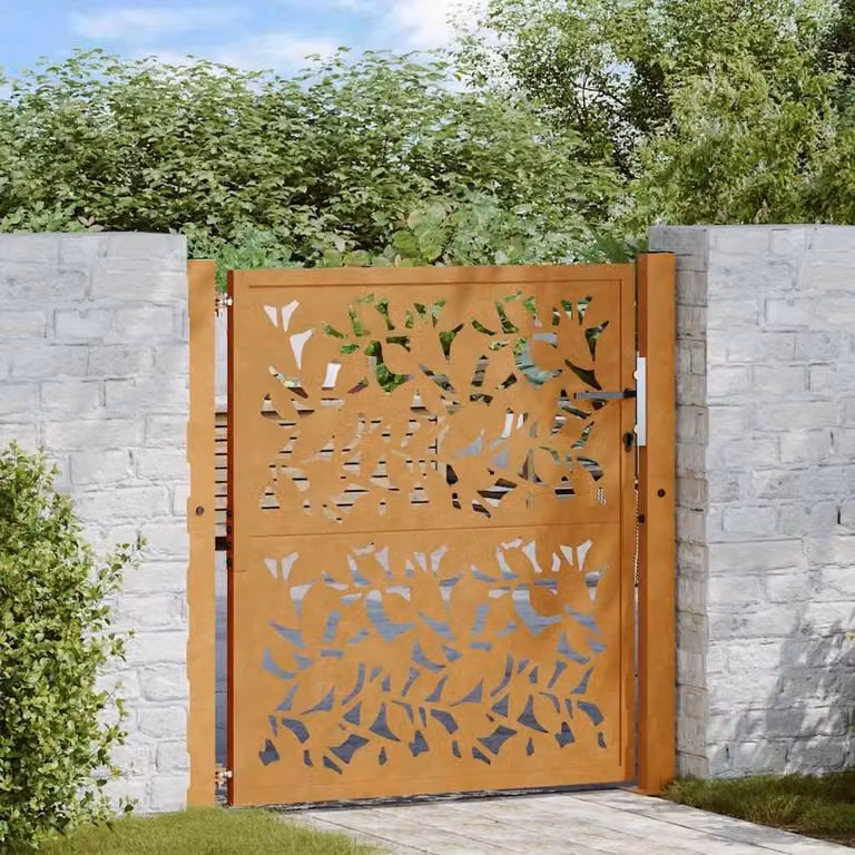 Berkfield Home Beautiful Garden Gate in Brown Weathering Steel with Leaf Design, W/H: 105 x 105 cm