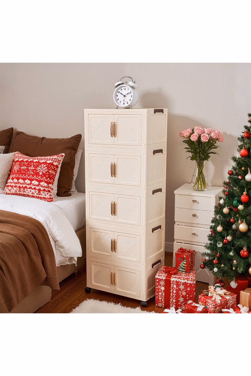 Living and Home 5-Tier Foldable Rolling Plastic Storage Cabinet with Magnetic Doors in Beige – 2