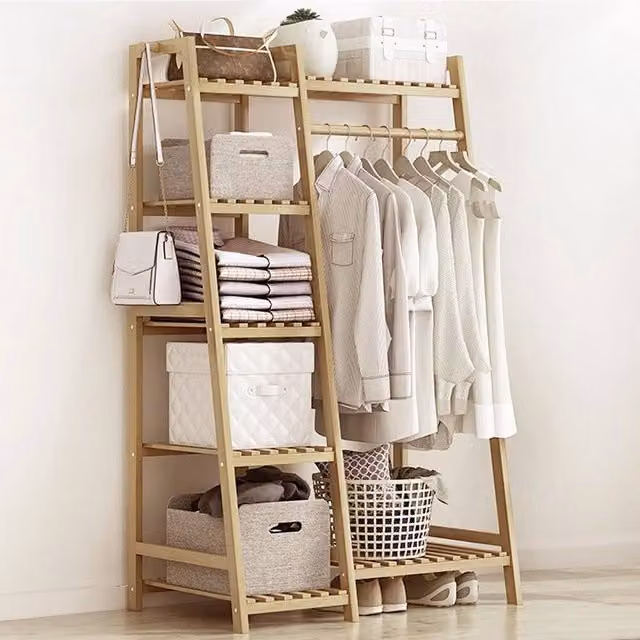 KORVIXA Bamboo Wood Clothes Rail Rack in Brown, H: 81.28 cm, W: 50.0 cm, D: 50.0 cm – 1