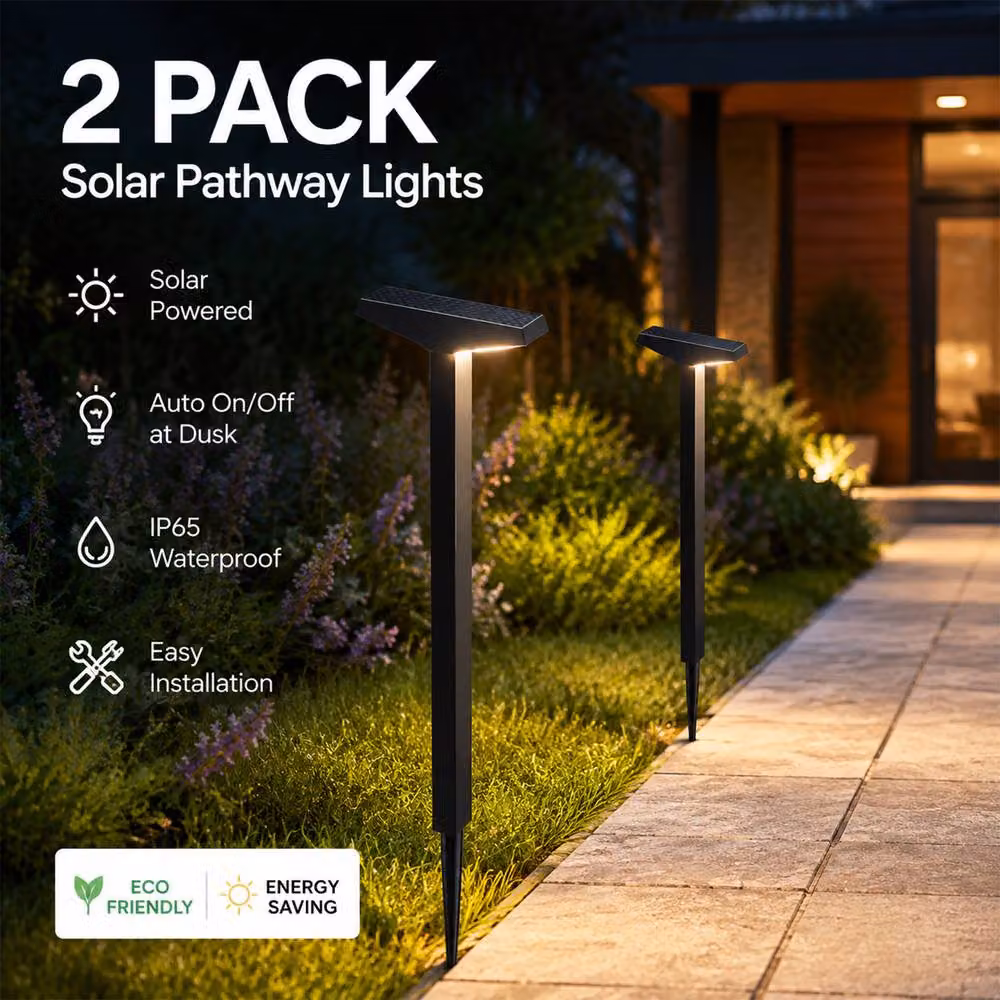 INMTFEI 2 Pack Solar LED Pathway Lights in Black with Warm White Light and Dusk Sensor – 5