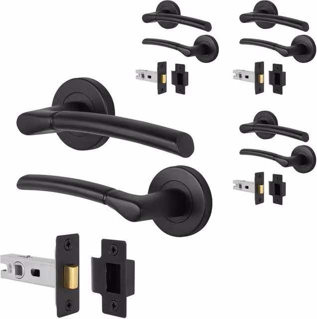 AFIT Matt Black Round Rose Internal Lever Door Handle with Latch, 4 Pairs, W/D/H: 15 x 15 x 1.5 cm – 1
