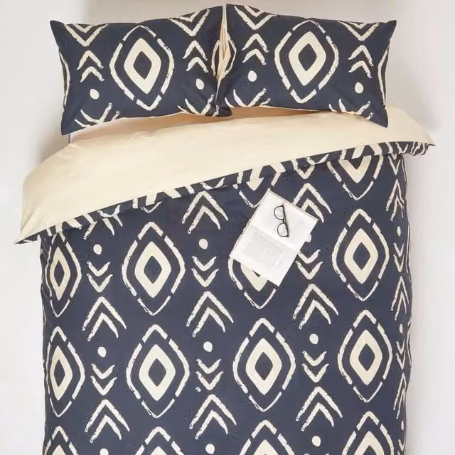 Homescapes Black Ethnic Graphic Cotton Percale Duvet Cover and Pillowcase Set