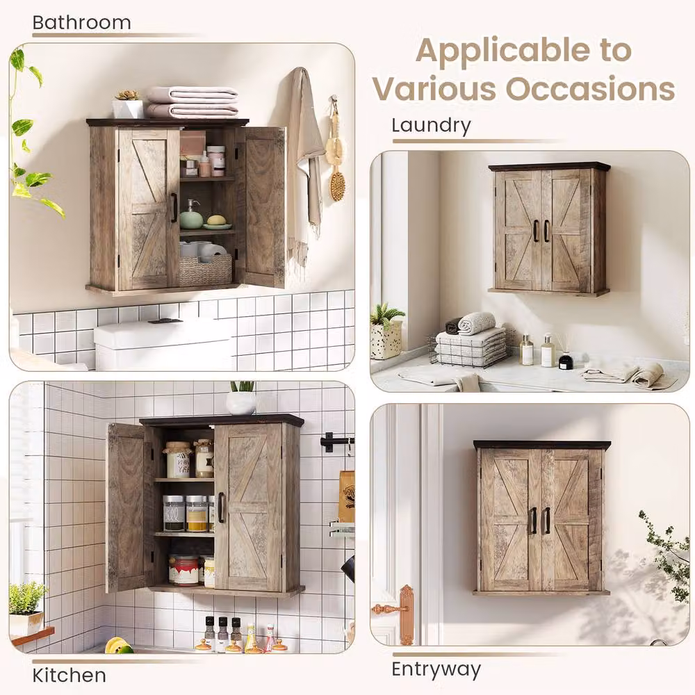 Gymax Rustic Farmhouse Wall Mounted Bathroom and Kitchen Cabinet with 2 Hinged Doors and Internal Shelves in Grey – 2