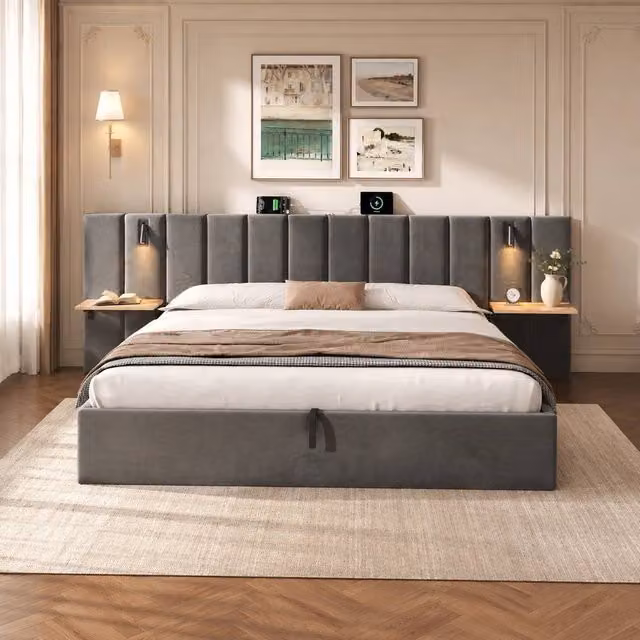 STILVORA Super King Ottoman Bed with Storage, USB Charging Port and Integrated Reading Light in Grey Velvet, W/D/H: 180 x 200 cm