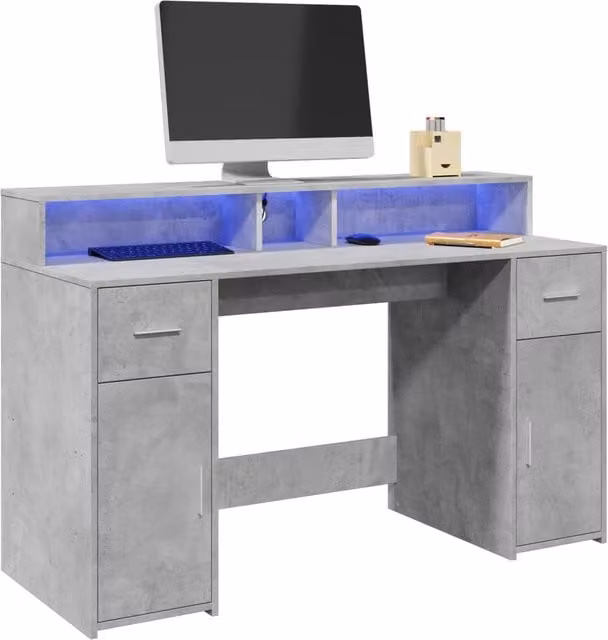 Berkfield Home Modern Gaming Desk with LED Lights in Grey, W/D/H: 140 x 55 x 91 cm